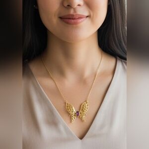 14KGE Lindenwold Gold Electroplated Marquise Purple Amethyst Butterfly Necklace